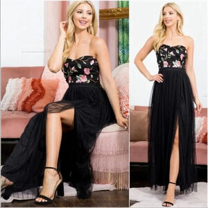 Black Floral Chiffon Maxi Dress | Strapless Sweetheart Slit Evening Gown